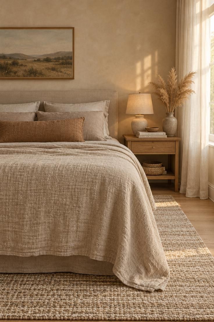 Wide view of a warm neutral bed with an oat linen coverlet, stone sheets, and a clay lumbar pillow in golden light.