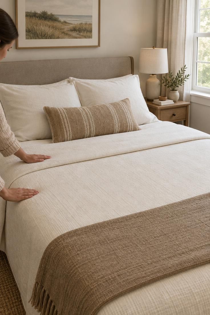 Eye-level view of a cozy-minimal bed being lightly straightened after a morning tidy, with smoothed coverlet and fluffed pillows in bright daylight.