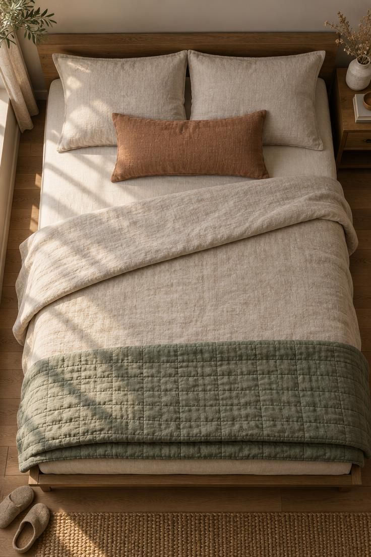Overhead view of a cozy minimalist bed with an oatmeal linen coverlet, two flat pillows, a clay lumbar pillow, and a folded sage quilt.
