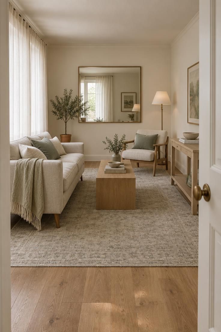 How to Make a Room Look Bigger Through Layout, Light, and Scale 1 Small living room with a clear sightline from the doorway to a large mirror, warm off-white walls, a low sofa with exposed legs, and a large neutral area rug.
