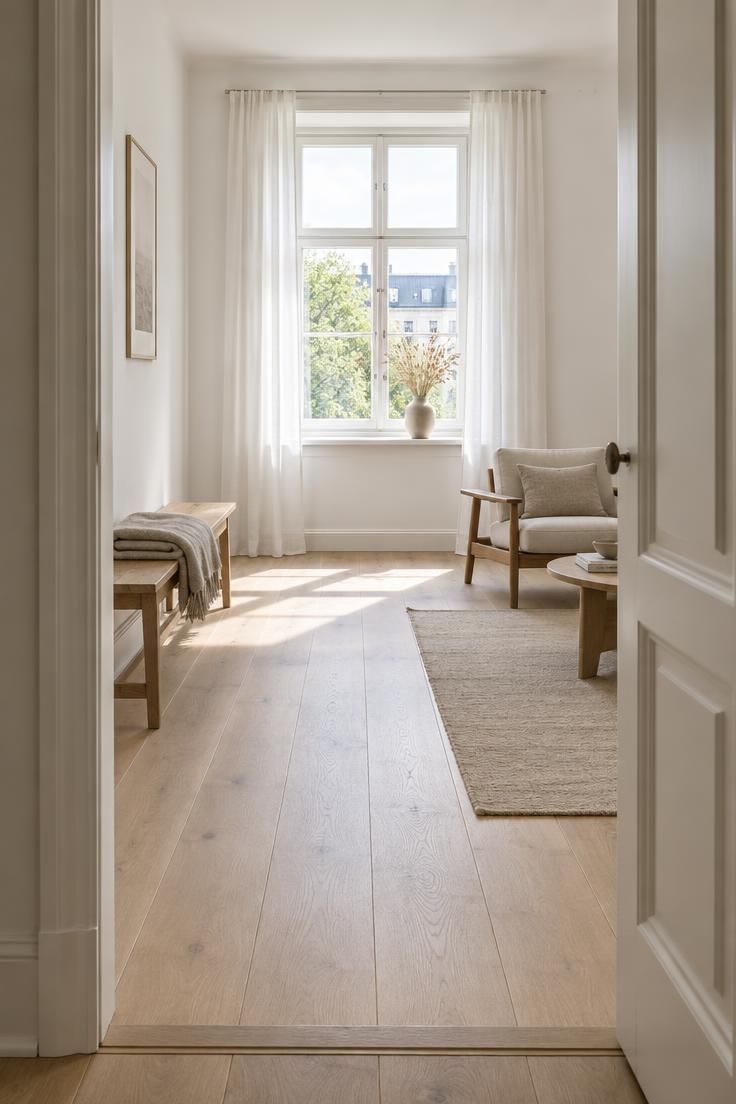 How to Make a Room Look Bigger Through Layout, Light, and Scale 2 Doorway threshold view showing a long unbroken sightline from the entry across a compact room to a far window, with low furniture below the sill line and no tall storage blocking the view.