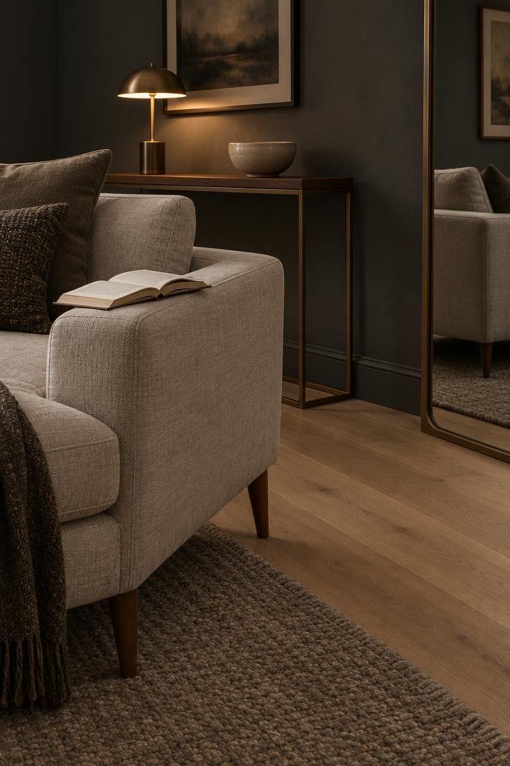 How to Make a Room Look Bigger Through Layout, Light, and Scale 3 Detail of a small seating area with a sofa on tapered legs set off the wall, a large rug continuing underneath, and a slim open-legged console opposite.