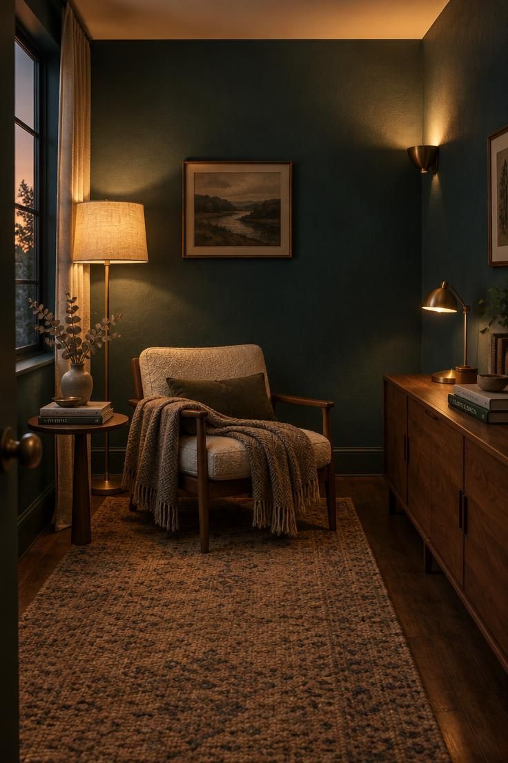 How to Make a Room Look Bigger Through Layout, Light, and Scale 4 Small room at dusk with layered lighting from a corner table lamp, an upward wall sconce, and a desk lamp, leaving corners brighter than the center.
