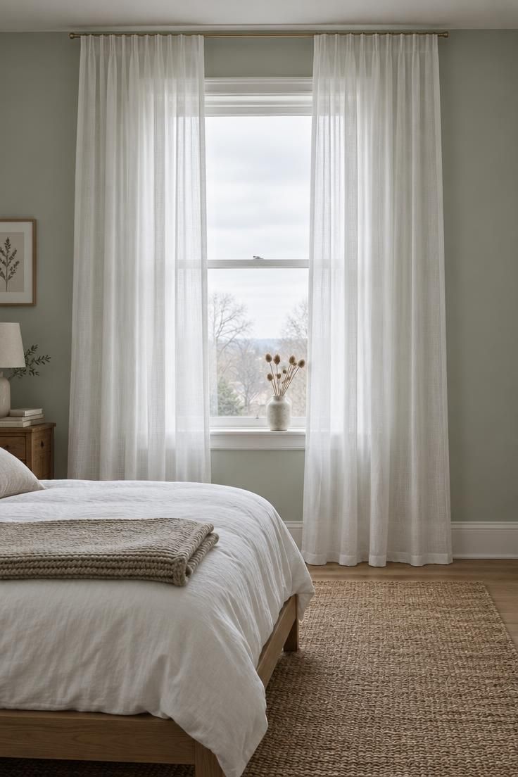 How to Make a Room Look Bigger Through Layout, Light, and Scale 5 Small bedroom window with floor-length sheer curtains hung near the ceiling and extended past the frame, with diffused daylight across a pale gray-green wall.