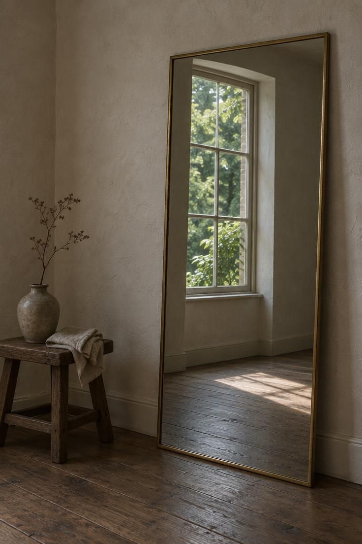 How to Make a Room Look Bigger Through Layout, Light, and Scale 6 Large thin-framed mirror leaning against a pale wall, reflecting a window with green foliage and daylight across a small room.