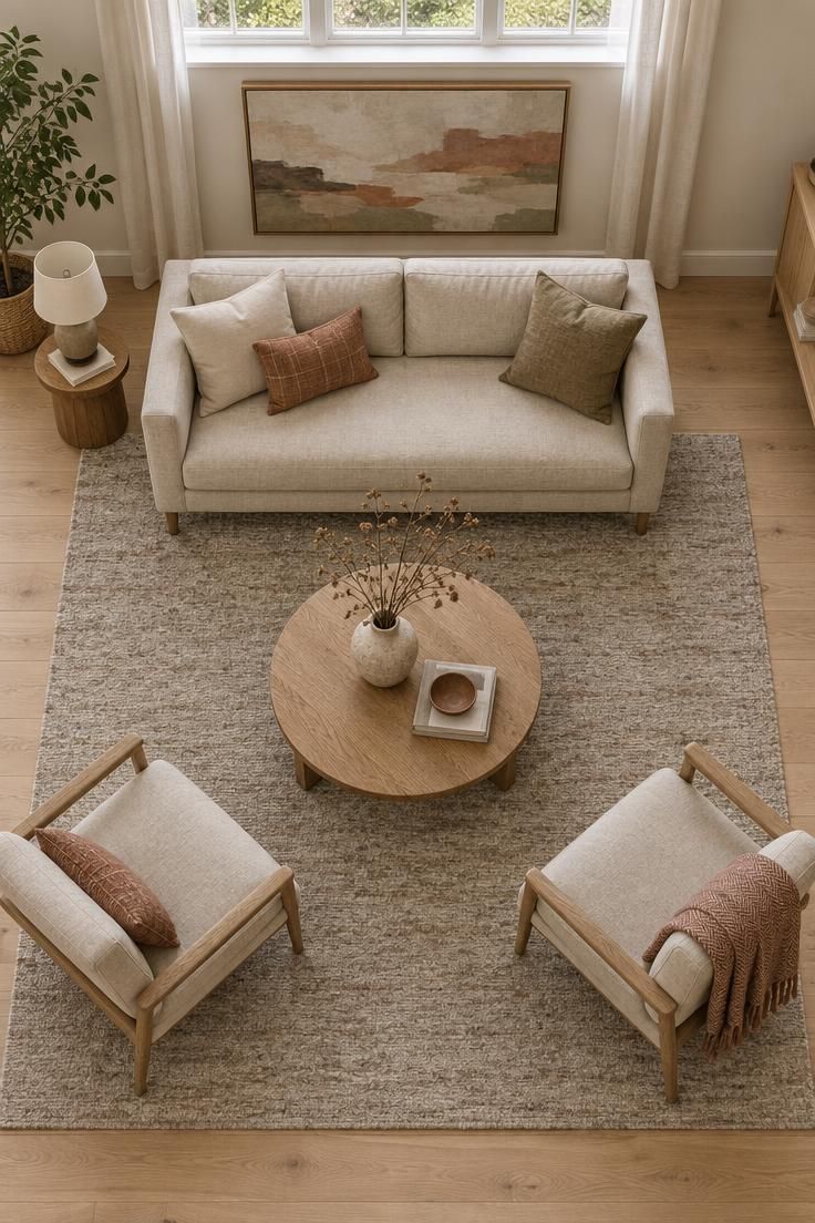 How to Make a Room Look Bigger Through Layout, Light, and Scale 7 Overhead view of a small living room with a large low-contrast rug holding the front legs of all seating, and one large artwork above the sofa.