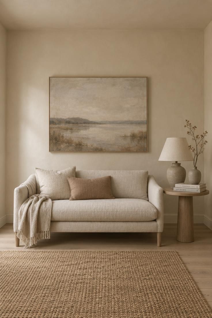 How to Make a Room Look Bigger Through Layout, Light, and Scale 8 Small room with walls, trim, and ceiling in one warm pale beige tone, one large canvas above a low settee, and no horizontal bands dividing the wall.