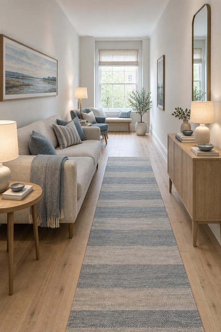 How to Make a Room Look Bigger Through Layout, Light, and Scale 9 Narrow room with a runner placed lengthwise, shallow furniture staggered along both walls, horizontal art, and lamps at both ends.