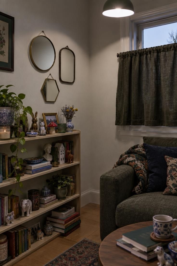 How to Make a Room Look Bigger Through Layout, Light, and Scale 10 Small corner of a room showing three tiny mirrors reflecting a blank wall, a crowded shelf of small objects, a short heavy curtain, and a dark shadowy corner from a single overhead light.