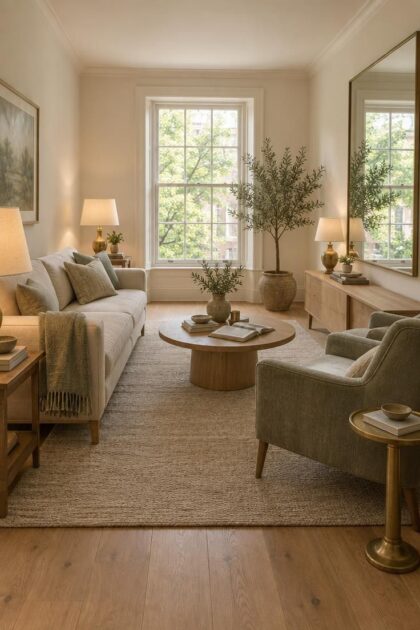 How to Make a Room Look Bigger Through Layout, Light, and Scale Small living room with a clear sightline to a bright window, a large mirror reflecting greenery, well-scaled furniture on exposed legs, and warm off-white walls.