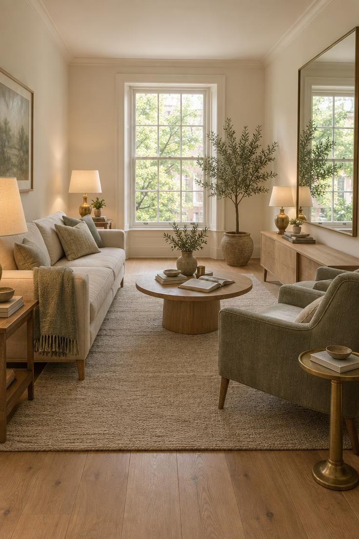 Simple Spaces 23 Small living room with a clear sightline to a bright window, a large mirror reflecting greenery, well-scaled furniture on exposed legs, and warm off-white walls.