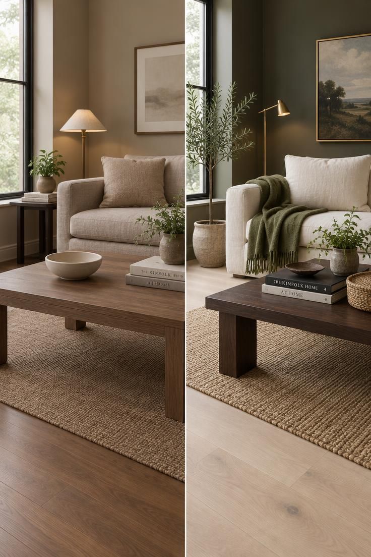 How to Mix Wood Tones in a Room Without a Perfect Match 1 Two living room corners in soft daylight, one pairing a mid-brown floor with a nearly identical mid-brown coffee table and the other pairing a pale oak floor with a dark walnut table.