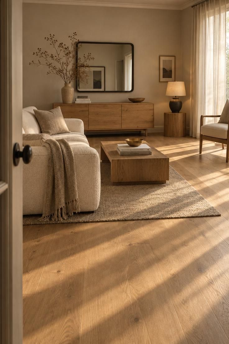 How to Mix Wood Tones in a Room Without a Perfect Match 2 A wide view of a living room with light oak flooring, natural wood media and side tables, and a dark mirror and lamp base as small accents in warm afternoon light.