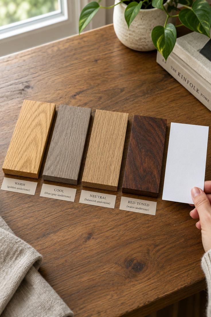 How to Mix Wood Tones in a Room Without a Perfect Match 3 A close-up of four wood sample blocks on a tabletop in bright daylight, showing honey oak, gray-washed ash, natural oak, and red-toned walnut side by side for comparing warm, cool, and neutral undertones.
