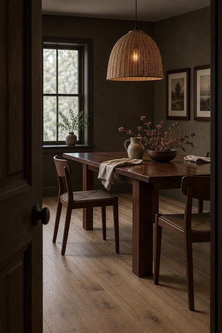 How to Mix Wood Tones in a Room Without a Perfect Match 4 A doorway view of a dining area in moody low light with a pale oak floor, a dark walnut table, matching walnut wall frames, and a textured rattan pendant.