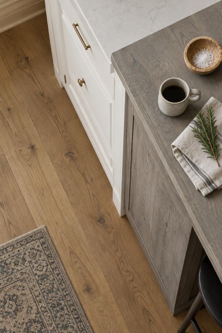 How to Mix Wood Tones in a Room Without a Perfect Match 5 An overhead view of a kitchen corner with warm oak flooring, a gray-washed wood island, and a soft white painted cabinet separating the two wood tones.