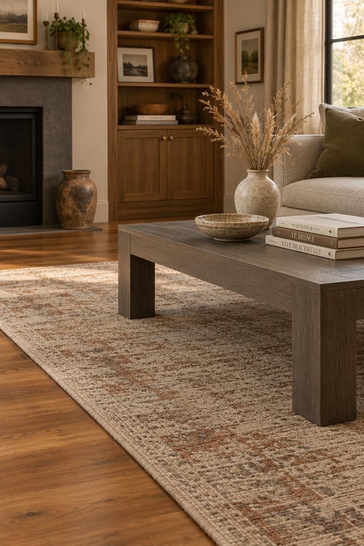 How to Mix Wood Tones in a Room Without a Perfect Match 6 A living room corner in warm afternoon light with wood flooring, a cool gray-brown coffee table on a multi-tonal wool rug, and the edge of a linen sofa.