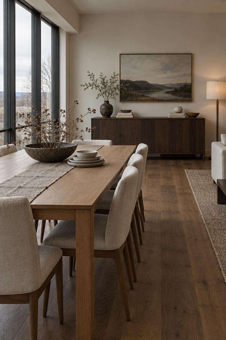 How to Mix Wood Tones in a Room Without a Perfect Match 7 A wide view of an open-plan interior in cool overcast light with wood flooring, a medium-light dining table, and a dark wood sideboard in the background.