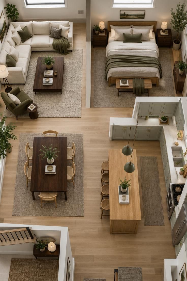 How to Mix Wood Tones in a Room Without a Perfect Match 8 An overhead view of connected living, bedroom, dining, and kitchen zones in bright daylight, each demonstrating a different room-by-room approach to pairing wood tones.