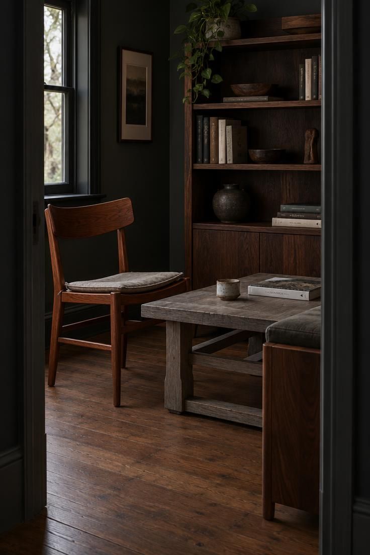 How to Mix Wood Tones in a Room Without a Perfect Match 9 A dimly lit seating area with a reddish-brown chair, a gray-washed coffee table, and a dark walnut shelf unit crowded together with no rug, showing common wood tone mixing problems.