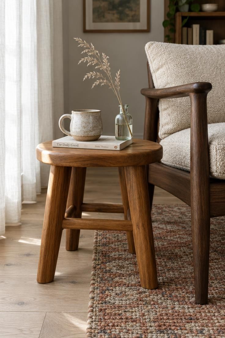 How to Mix Wood Tones in a Room Without a Perfect Match 10 Pale oak floor meeting a dark walnut chair with a teak side table stool placed between them in a softly lit living room corner.