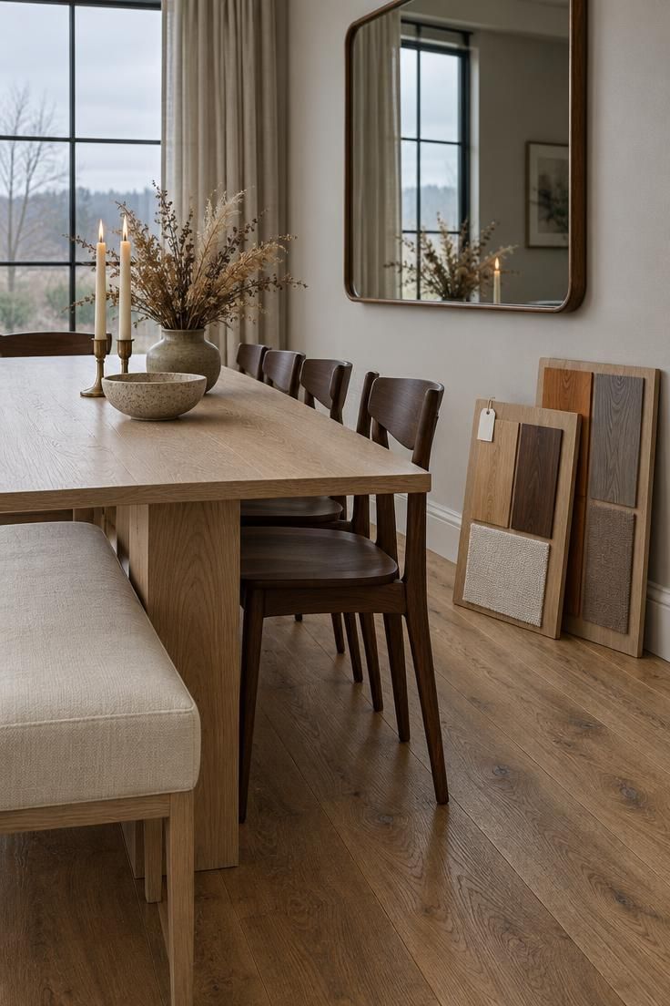 How to Mix Wood Tones in a Room Without a Perfect Match 11 A dining room in cool overcast light with a natural oak floor, a white oak table, dark walnut chairs, a linen bench, and two labeled wood sample sets showing a reliable trio and a difficult orange oak with gray-washed wood pairing.