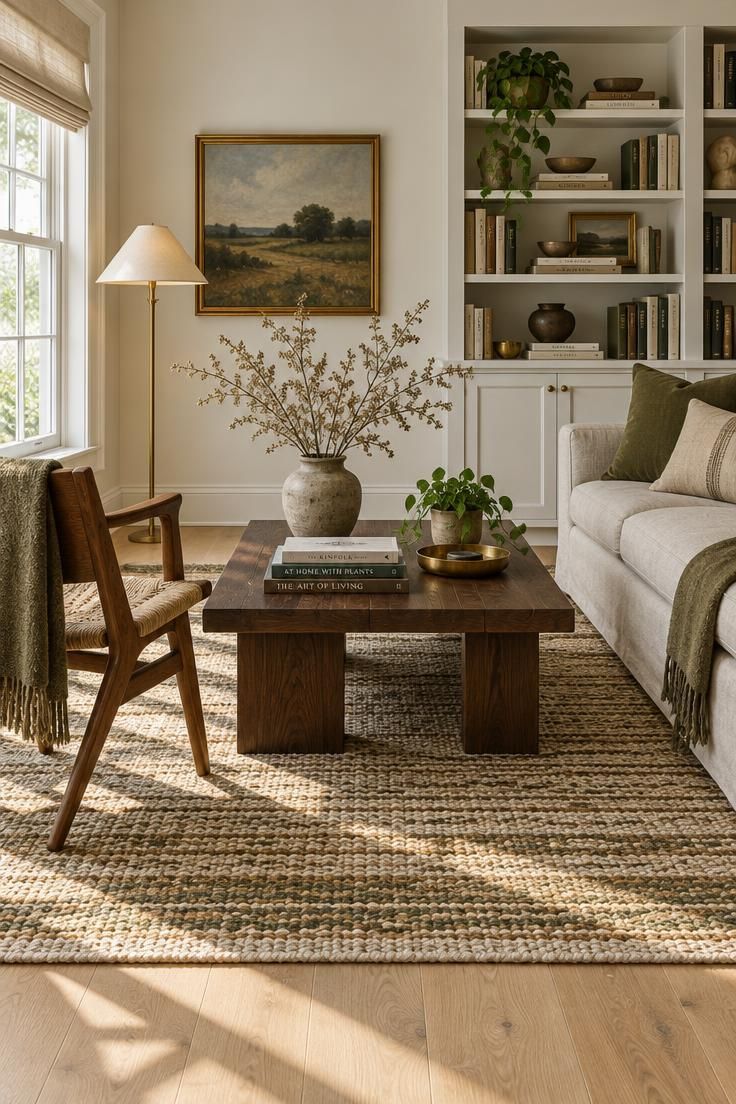 Simple Spaces 22 A sunlit living room with pale oak flooring, a dark walnut coffee table, a medium-tone side chair, a woven wool rug, and a painted white built-in bookshelf.