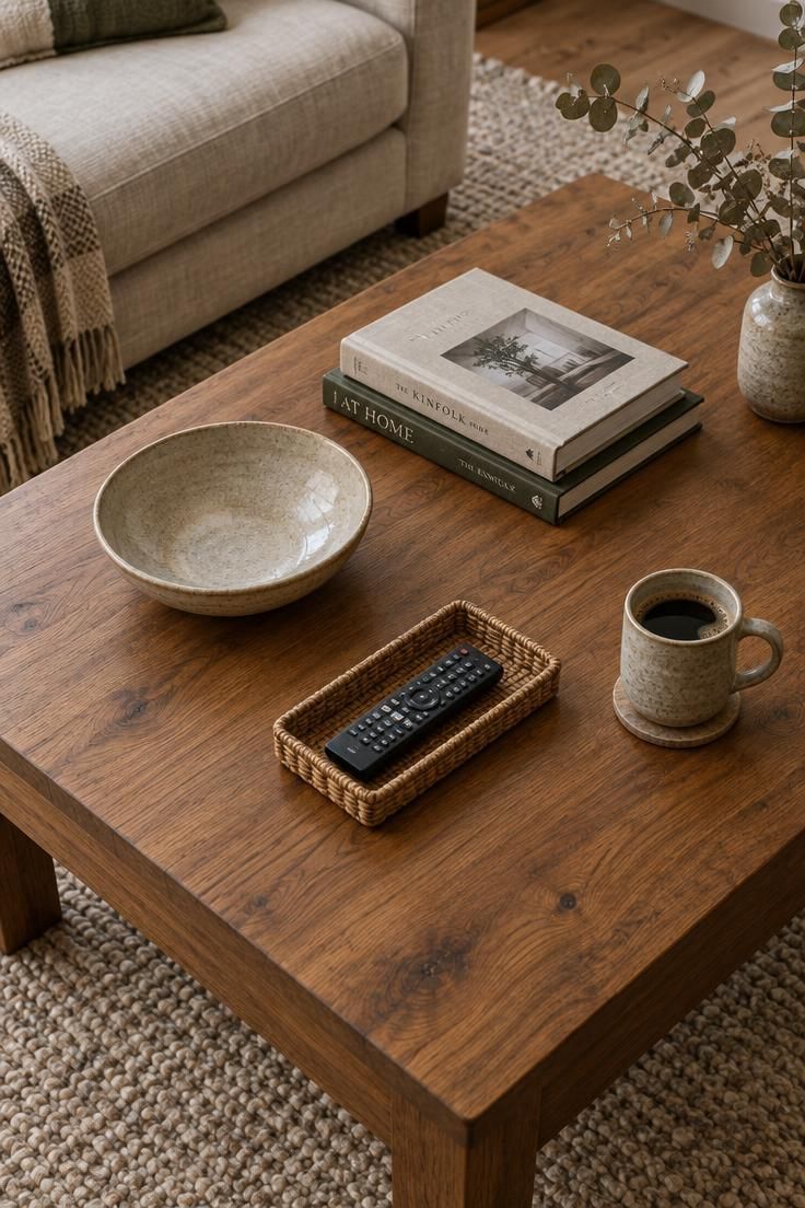 How to Style a Coffee Table That Still Has Room to Be Used 1 Overhead view of a wooden coffee table with a ceramic bowl, two books, a woven tray holding a remote, and a coffee mug on a clear section of the tabletop.