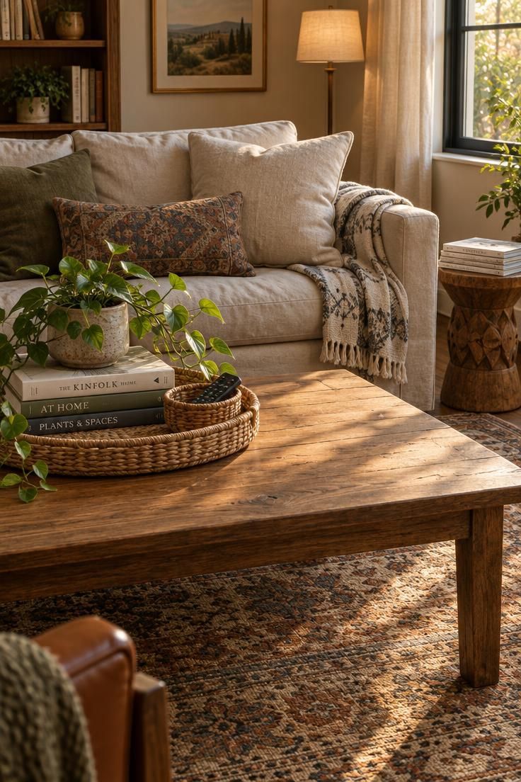 How to Style a Coffee Table That Still Has Room to Be Used 2 Living room with a rectangular coffee table holding a woven tray, books, a small plant, and a basket for a remote, with a third of the tabletop left clear.