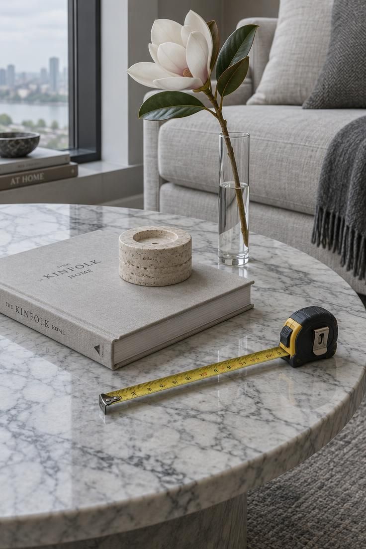 How to Style a Coffee Table That Still Has Room to Be Used 3 Close-up of a marble coffee table with a linen book, a small stone object, a single stem in a glass vase, and an open tape measure.
