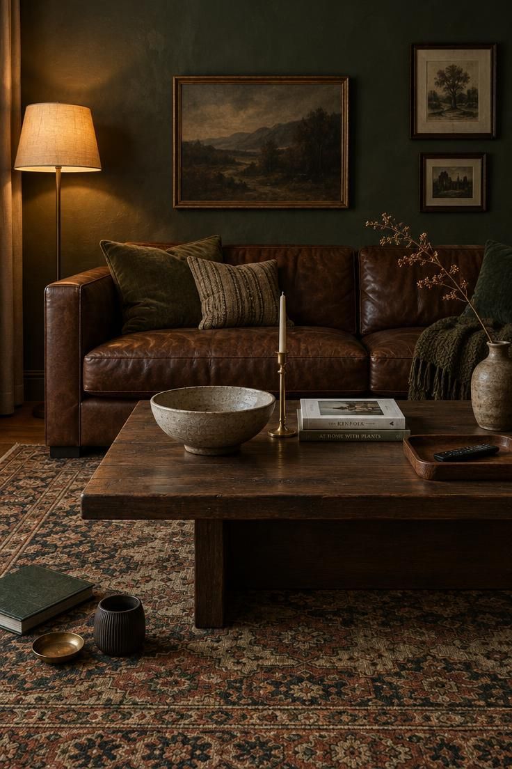How to Style a Coffee Table That Still Has Room to Be Used 4 Coffee table mid-styling with a ceramic bowl, candleholder, books, and a tray, and three ceramic objects set on the floor beside the table.
