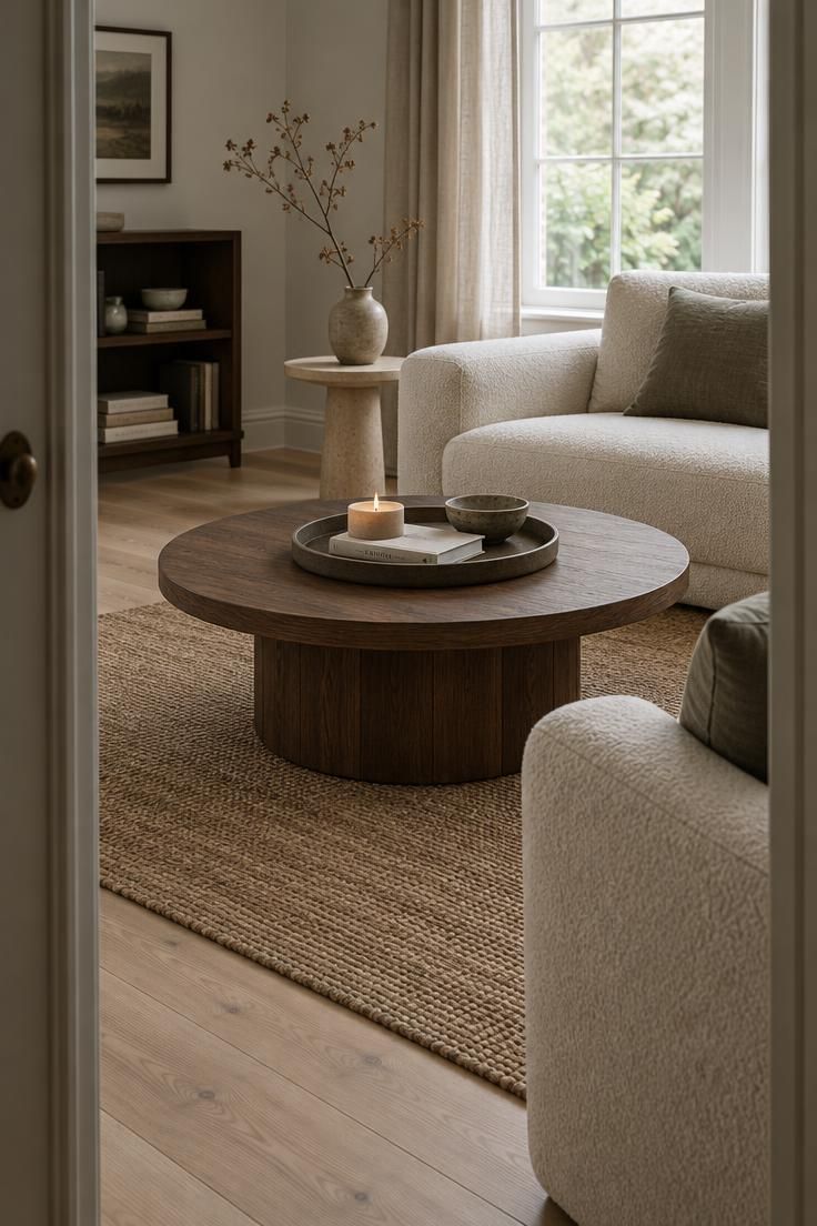 How to Style a Coffee Table That Still Has Room to Be Used 5 Round coffee table with a loose triangle arrangement of a candle, a book, and a small bowl, seen from a doorway.