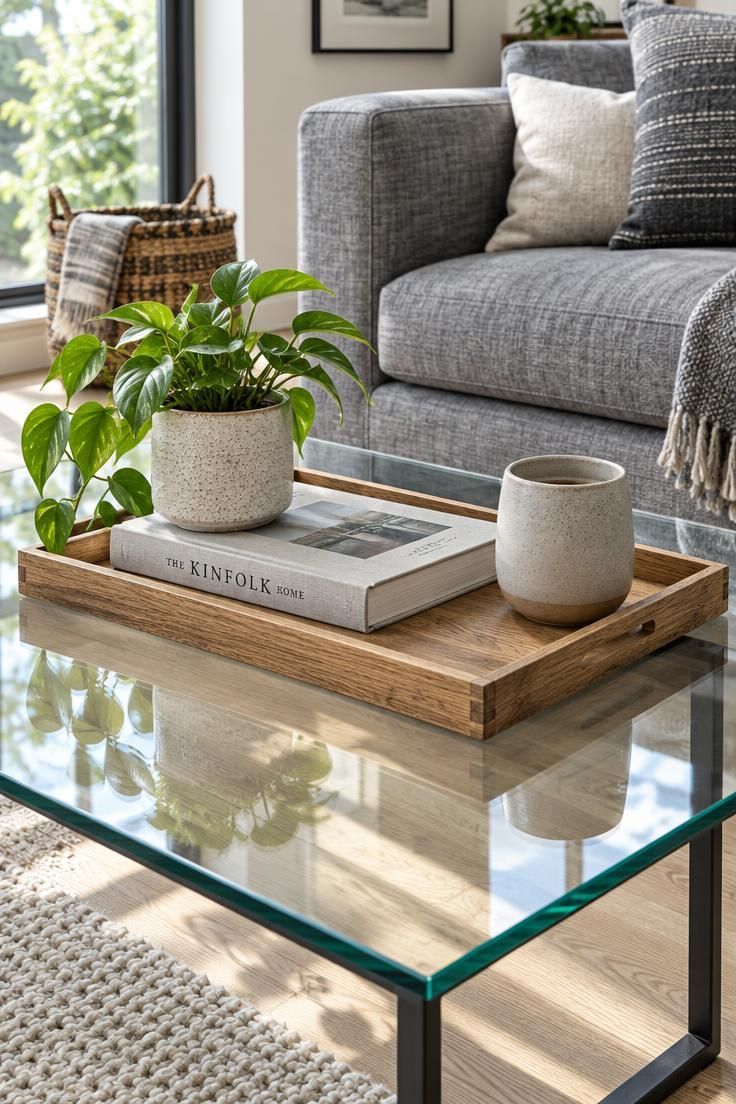 How to Style a Coffee Table That Still Has Room to Be Used 6 Glass coffee table with a low wooden tray holding a plant, a book, and a ceramic cup, with the floor visible through the glass.