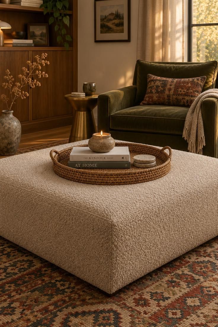 How to Style a Coffee Table That Still Has Room to Be Used 7 Upholstered ottoman coffee table with a woven rattan tray holding books, a candleholder, and coasters, with upholstery visible around the tray.
