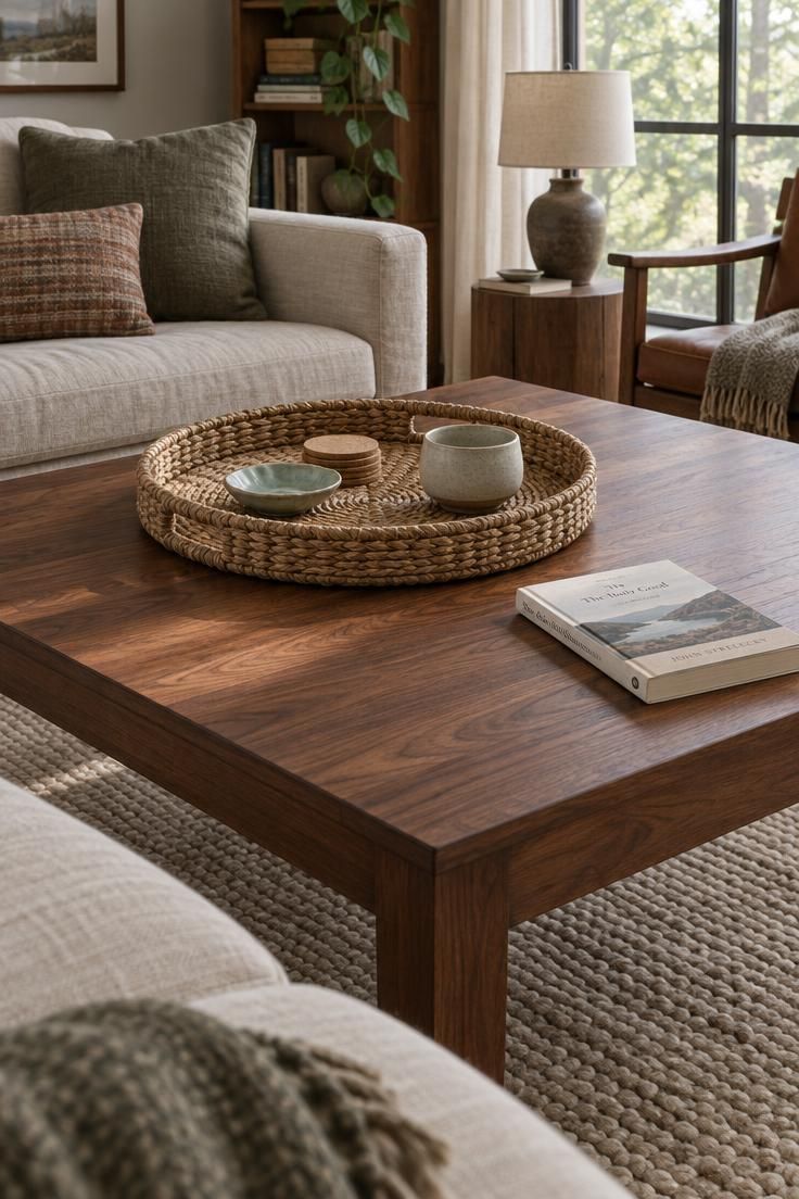 How to Style a Coffee Table That Still Has Room to Be Used 8 Woven seagrass tray placed off-center on a walnut coffee table with coasters, a small celadon dish, and one paperback resting outside the tray.