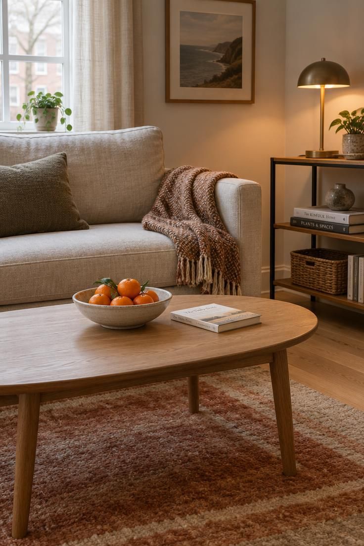 How to Style a Coffee Table That Still Has Room to Be Used 9 Small oval coffee table with a shallow bowl of clementines and one slim paperback, with a reading lamp, pale linen sofa, and nearby shelf holding a few alternate objects.