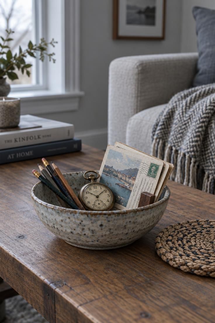 How to Style a Coffee Table That Still Has Room to Be Used 10 Coffee table corner with a handmade ceramic bowl, a vintage pocket watch, a stack of postcards, and a woven coaster.