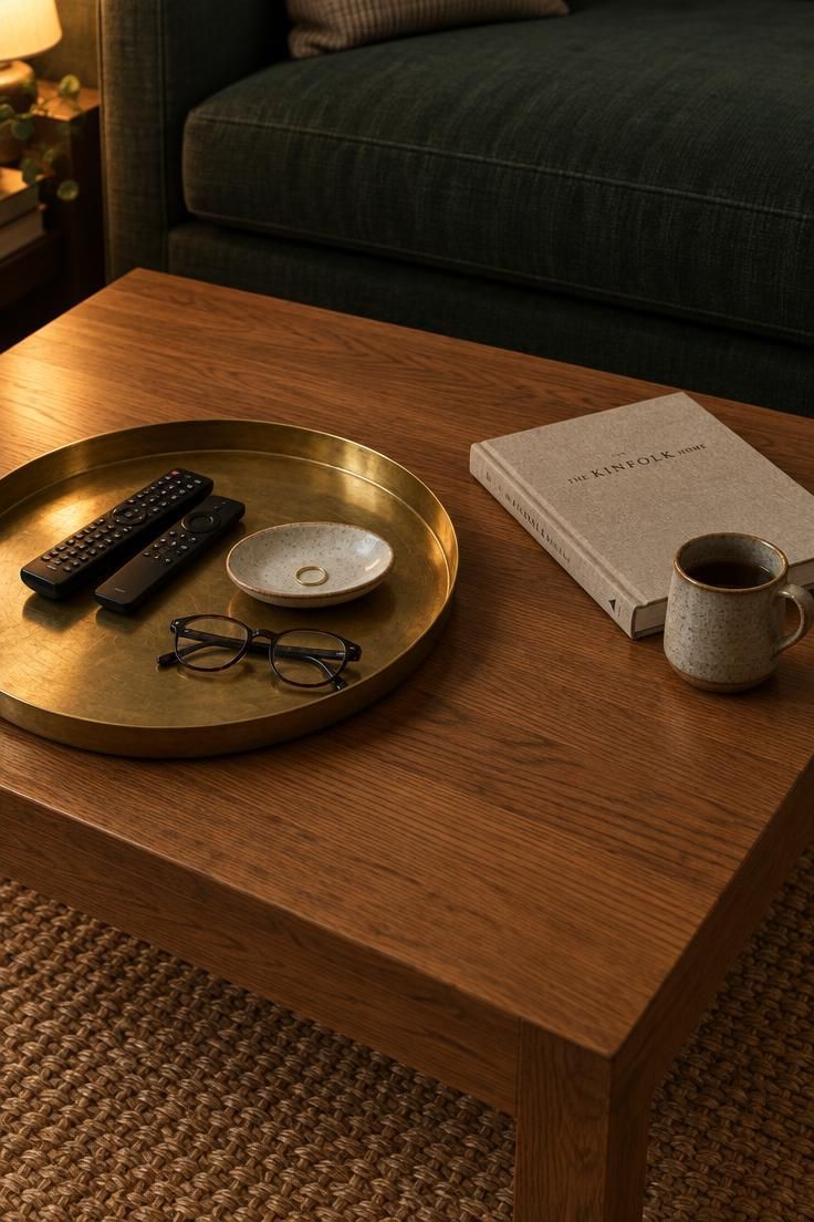 How to Style a Coffee Table That Still Has Room to Be Used 11 Oak coffee table with a low brass tray holding remotes, a small ceramic dish, and reading glasses, leaving open tabletop beside it.