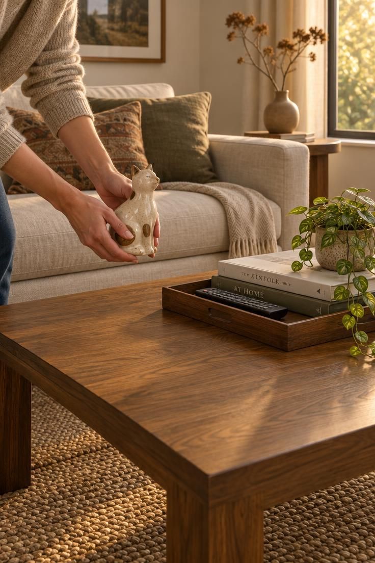 How to Style a Coffee Table That Still Has Room to Be Used 12 Hands removing a small ceramic object from a coffee table, leaving a tray with a remote, two books, and a plant on a more open surface.