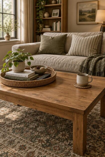 How to Style a Coffee Table That Still Has Room to Be Used Living room with a wooden coffee table holding a woven tray with a plant, books, a ceramic bowl, and a remote, plus a mug on the clear half of the tabletop.