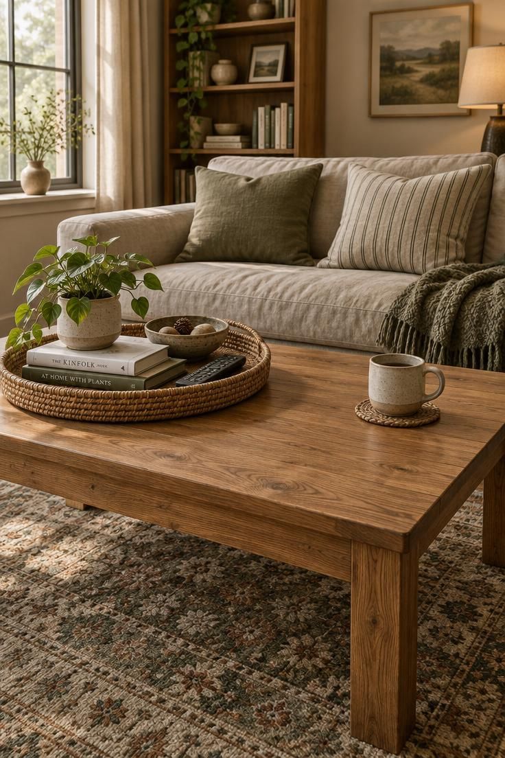 Simple Spaces 25 Living room with a wooden coffee table holding a woven tray with a plant, books, a ceramic bowl, and a remote, plus a mug on the clear half of the tabletop.