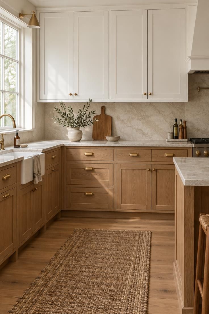 How to Warm Up a White Kitchen with Materials and Color 1 Two-tone kitchen with white upper cabinets, white oak lower cabinets, natural stone counters, aged brass pulls, and a vase of olive branches in soft diffused daylight.