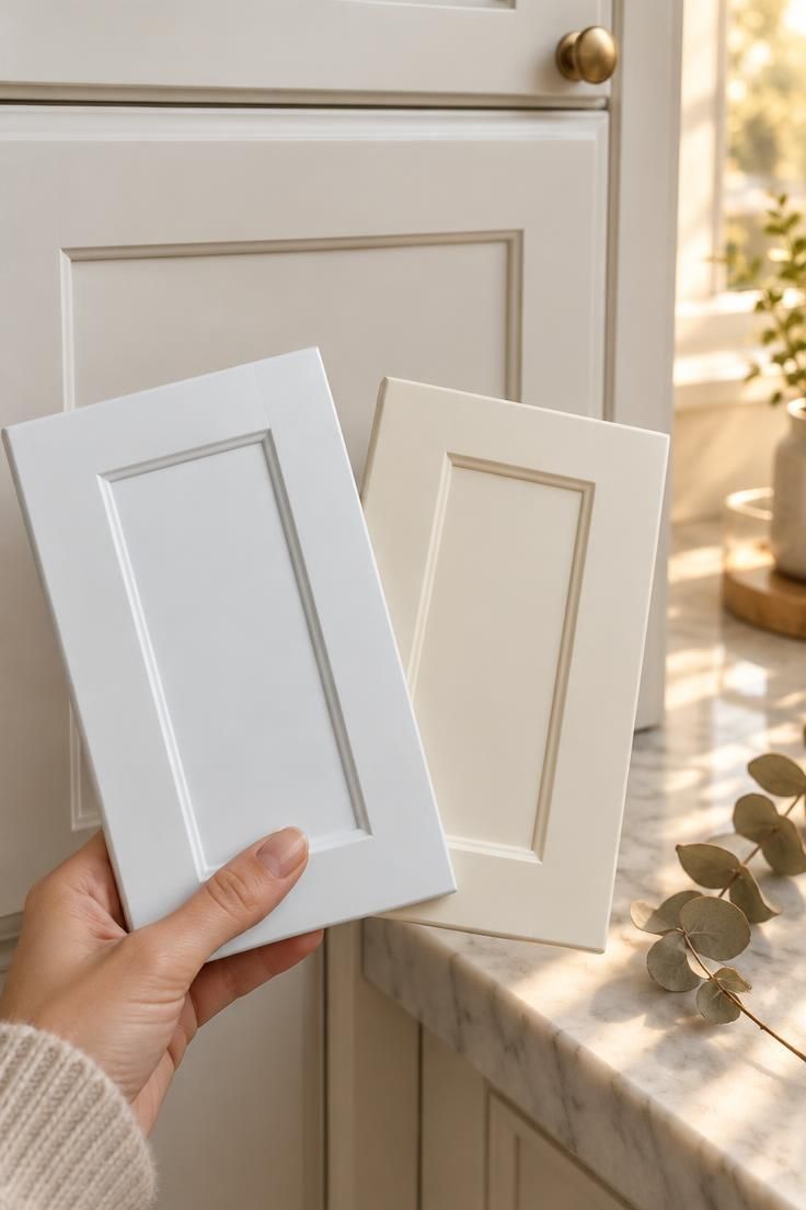 How to Warm Up a White Kitchen with Materials and Color 2 Two cabinet color samples, one cool white and one warm ivory, held against white kitchen cabinetry in warm golden daylight.