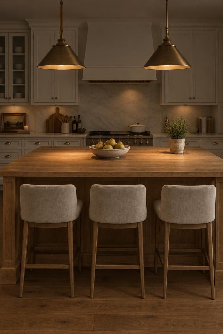 How to Warm Up a White Kitchen with Materials and Color 3 White oak island in a white kitchen with three linen counter stools, a bowl of pears, aged brass pendant lights, and warm low lighting.