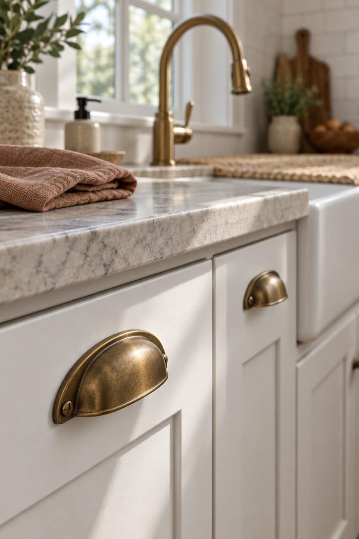 How to Warm Up a White Kitchen with Materials and Color 4 Close-up of aged brass cabinet pulls on white shaker doors with a brass faucet and woven runner blurred behind in bright midday light.