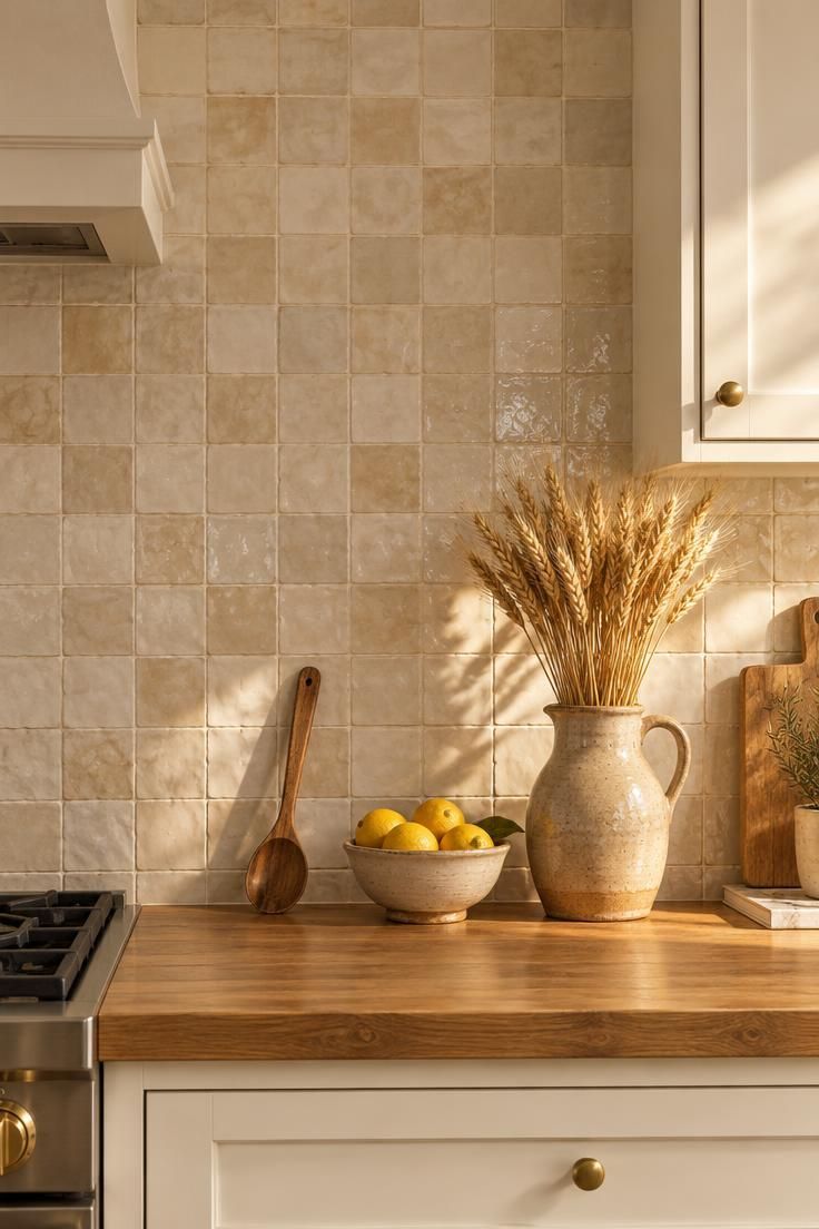 How to Warm Up a White Kitchen with Materials and Color 5 Handmade cream zellige tile backsplash above warm white cabinets and a wood countertop in warm golden light, with a stoneware pitcher of dried wheat.