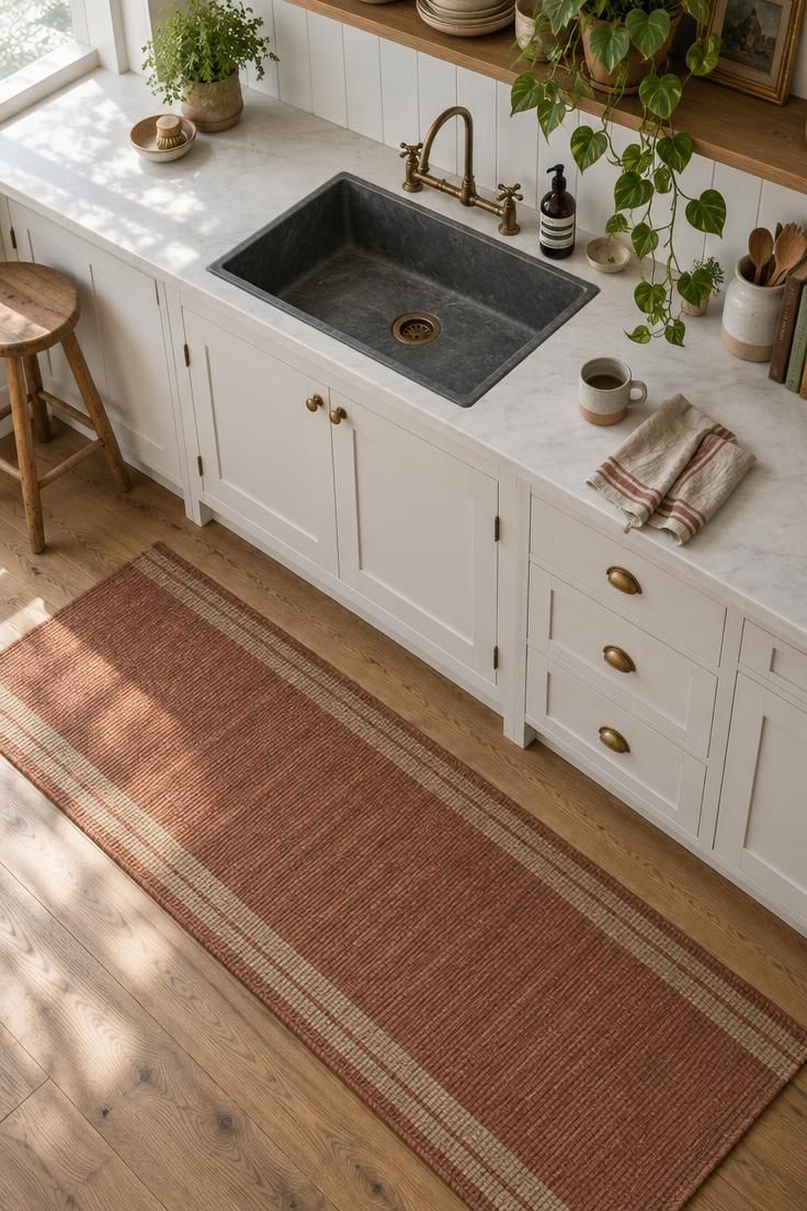 How to Warm Up a White Kitchen with Materials and Color 6 Overhead view of a terracotta and tan flatweave runner before a white kitchen sink run with a wooden stool and trailing plant.