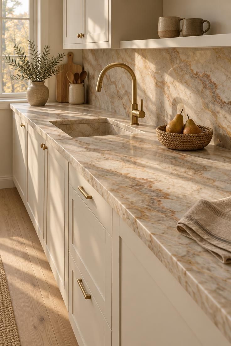 How to Warm Up a White Kitchen with Materials and Color 7 Warm honed quartzite countertop with taupe and rust movement under cream white cabinets, paired with a brushed brass faucet and a jute bowl of pears.