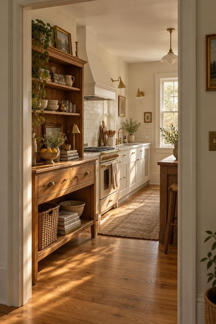 How to Warm Up a White Kitchen with Materials and Color 8 Doorway view into a white kitchen with a wood hutch, aged brass fixtures, cream tile backsplash, and woven baskets in warm golden light.