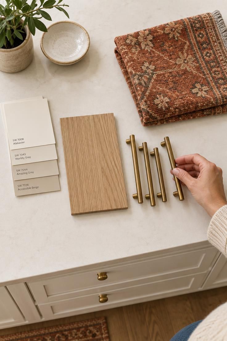How to Warm Up a White Kitchen with Materials and Color 9 Overhead view of a warm white kitchen counter with material samples grouped for a proportional plan: warm white paint chips, a white oak swatch, aged brass pulls, and a folded terracotta rug sample in bright midday light.